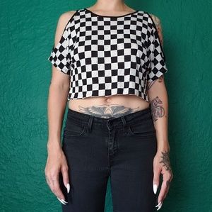 F21 Checkerboard Crop Top Cold Shoulder S